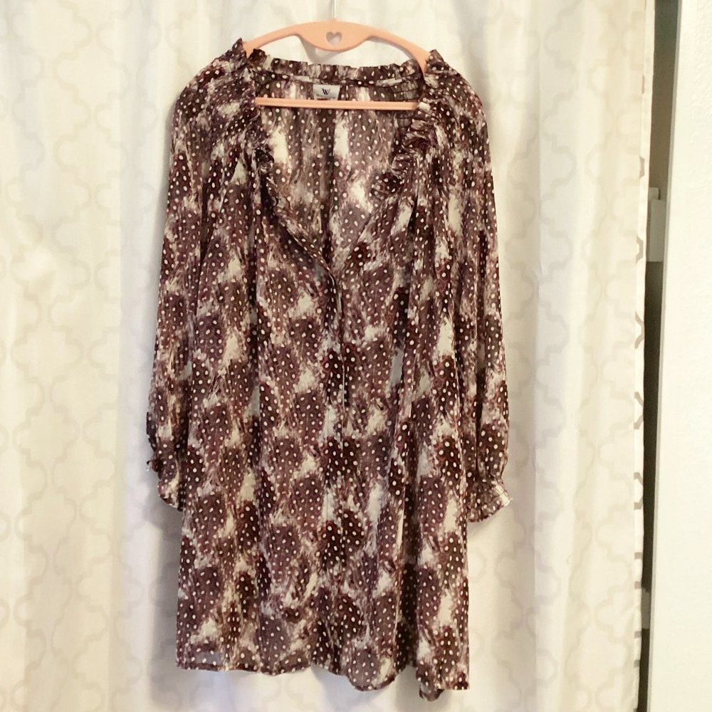 Worthington Plum & White Print Button Down V-Neck Sheer Blouse - 3X